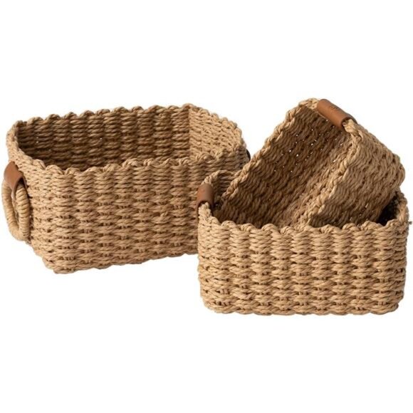 Set of 3 Woven Storage Baskets Recycled Paper Rope Bin Organizer Divider